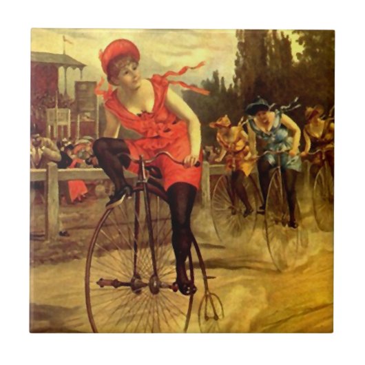 Tile Antiek vrouwen Bike-fietsenrace Tegeltje (Voorkant)