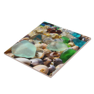 Tile Art Blue Green Beach Seaglass Agates Shells Tegeltje