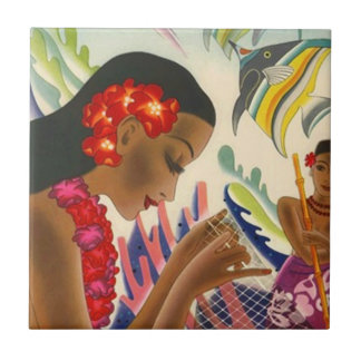 Tile  Hawaiian Hula Gal Fish Net Tropisch Tegeltje