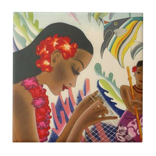 Tile Hawaiian Hula Gal Fish Net Tropisch Tegeltje (Voorkant)