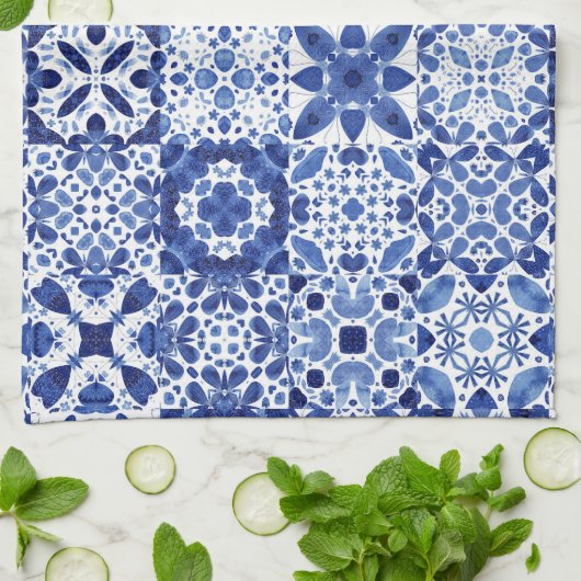 Tile Pattern Blue White Waterverf Theedoek (Gevouwen)