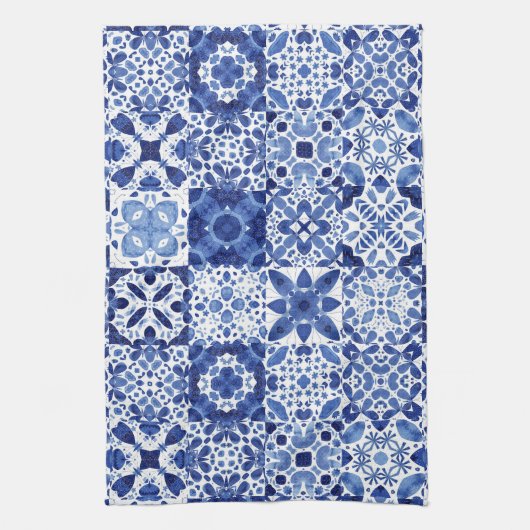 Tile Pattern Blue White Waterverf Theedoek (Verticaal)