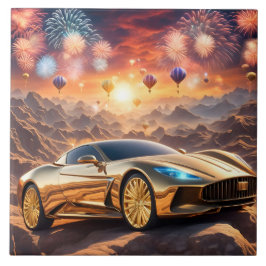 tile with a golden luxury car in desert landscape tegeltje