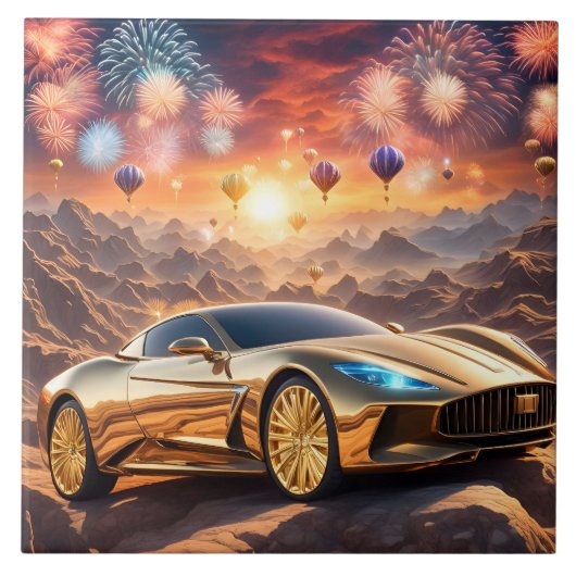 tile with a golden luxury car in desert landscape tegeltje (Voorkant)