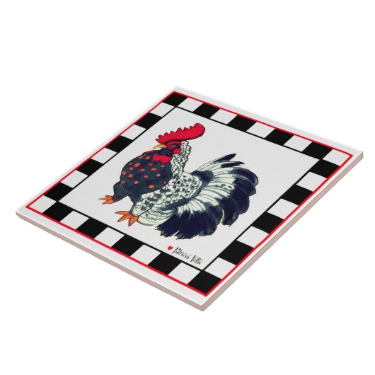 Tile with rooster art black white checks tegeltje (Zijkant)