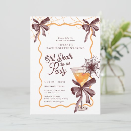 Till Death Bow Cocktail Halloween Bacheloerette Kaart (Staand voorkant)