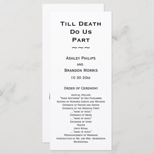 Till Death Do ons Part Skeleton Weddenschap White Programmakaart (Voorkant / Achterkant)