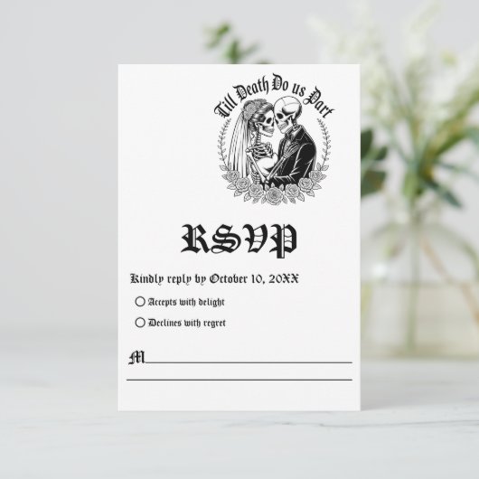 Till Death Do Us Part Gothic Skeleton Zwart-wit RSVP Kaartje (Staand voorkant)