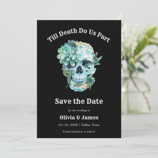 Till Death Do Us Part Gotische Halloween bruiloft Save The Date (Staand voorkant)