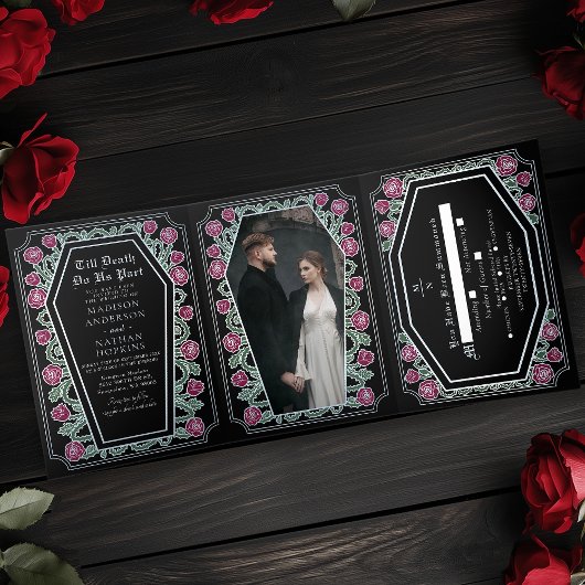 Till Death Do Us Part Roos Black Gothic Wedding Drieluik Uitnodiging