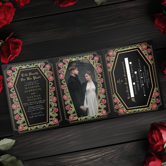 Till Death Do Us Part Roos Black Gothic Wedding Drieluik Uitnodiging