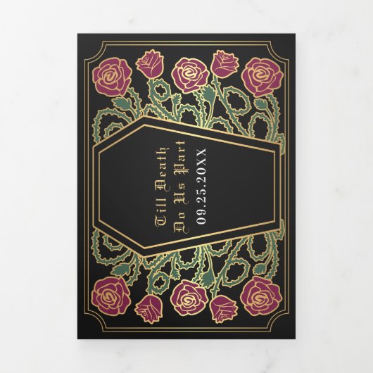Till Death Do Us Part Roos Black Gothic Wedding Drieluik Uitnodiging (Cover)