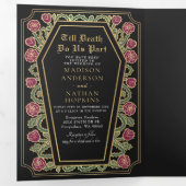 Till Death Do Us Part Roos Black Gothic Wedding Drieluik Uitnodiging (Binnenzijde eerst)