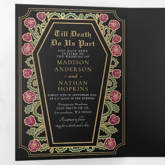 Till Death Do Us Part Roos Black Gothic Wedding Drieluik Uitnodiging (Binnenzijde eerst)