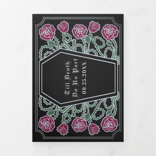Till Death Do Us Part Roos Black Gothic Wedding Drieluik Uitnodiging (Cover)