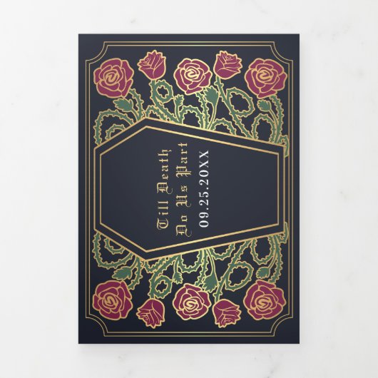 Till Death Do Us Part Roos Blauwe Gotische bruilof Drieluik Uitnodiging (Cover)