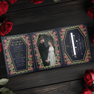 Till Death Do Us Part Roos Blauwe Gotische bruilof Drieluik Uitnodiging