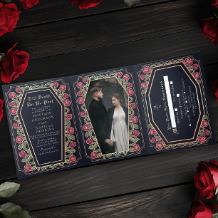 Till Death Do Us Part Roos Blauwe Gotische bruilof Drieluik Uitnodiging