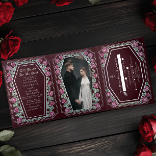 Till Death Do Us Part Roos Rode Gotische bruiloft Drieluik Uitnodiging