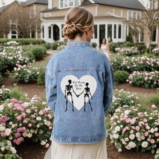 Till Death Do us part wit & zwart skelet Denim Jacket (Huwelijk Achterkant)