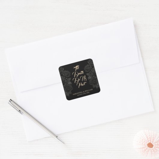 Till Death Do Us Part Zwarte Rozen bruiloft Vierkante Sticker (Envelop)