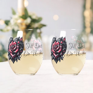 Till Death Do Us Party Gothic Zwart en Rood Rose Wijnglas Zonder Voet