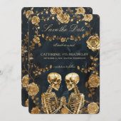 TILL DEATH Gold Skeletten en Rozen Save the Date Kaart (Voorkant / Achterkant)