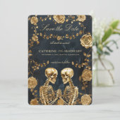 TILL DEATH Gold Skeletten en Rozen Save the Date Kaart (Staand voorkant)