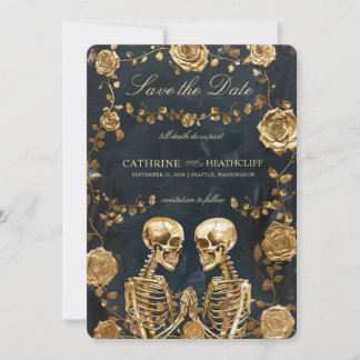 TILL DEATH Gold Skeletten en Rozen Save the Date Kaart