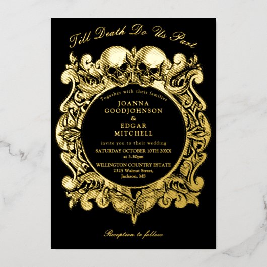 Till Death Gothic foto bruiloft zwart en goud Folie Uitnodiging (Voorkant)
