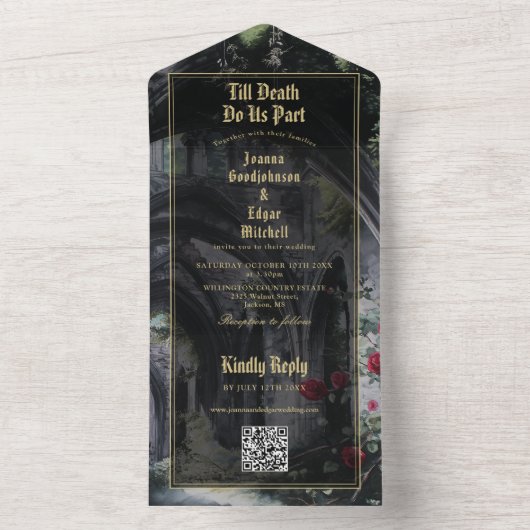 Till Death Gothic Ruins QR Code Wedding All In One Uitnodiging (Binnen)