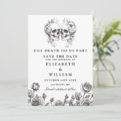 Till Death Gothic Skulls Bloemen Huwelijk Save The Date (Staand voorkant)