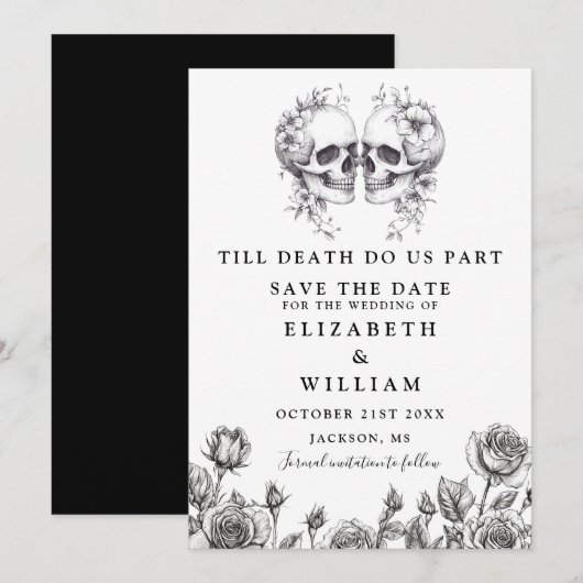 Till Death Gothic Skulls Bloemen Huwelijk Save The Date (Voorkant / Achterkant)