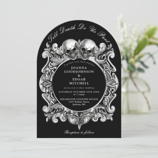 Till Death Gothic Skulls Monogram Boogschuttersbru Kaart (Staand voorkant)