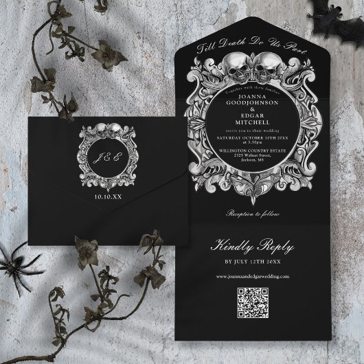 Till Death Gothic Skulls QR Code Huwelijk All In One Uitnodiging