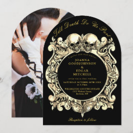 Till Death Gothic zwart en goud foto bruiloft Kaart