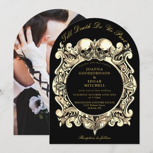 Till Death Gothic zwart en goud foto bruiloft Kaart (Voorkant / Achterkant)