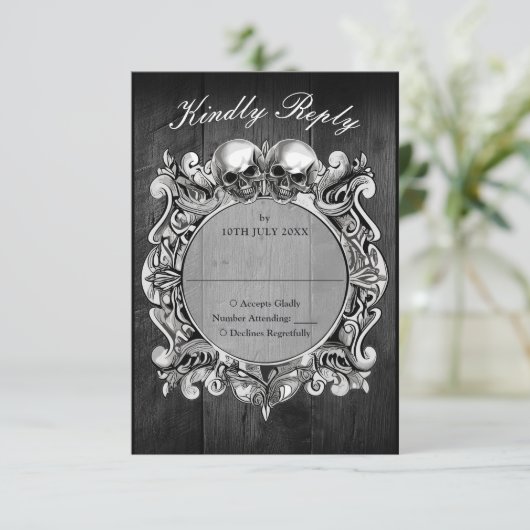 Till Death Gothic Zwart Rustiek Hout Wedding RSVP Kaartje (Staand voorkant)