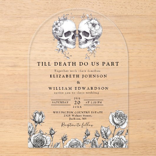 Till Death Gotische Bloemen Schedels Wedding Arch Acryl Uitnodigingen (Voorkant)