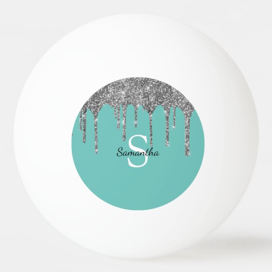 Tilver Zilver Glitter Sparkel Drips Monogram Naam Pingpongbal (Voorkant)