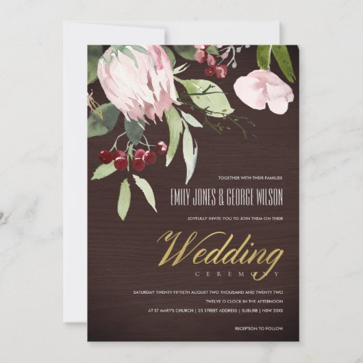 Timber Blush Pink Burgundy Protea Floral Wedding Kaart (Voorkant)