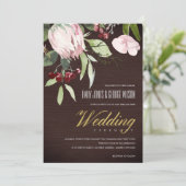 Timber Blush Pink Burgundy Protea Floral Wedding Kaart (Staand voorkant)