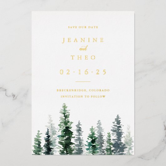 Timber Grove | Winter Save the Date Gold Folie Uitnodiging (Voorkant)