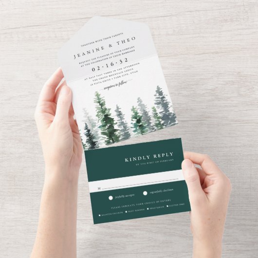 Timber Grove | Winter Waterverf Weddenschap All In One Uitnodiging (Afscheurbaar)