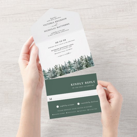 Timber Grove | Winter Waterverf Weddenschap All In One Uitnodiging (Afscheurbaar)