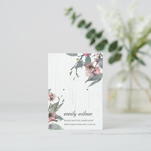 TIMBER PINK FLORAL EUCALYPTUS EARRING STUD DISPLAY VISITEKAARTJE (Staand voorkant)