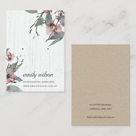 TIMBER PINK FLORAL EUCALYPTUS EARRING STUD DISPLAY VISITEKAARTJE (Voorkant / Achterkant)