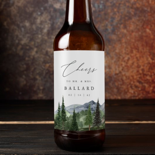 Timberline | Watercolor Bergbos Bruiloft Bier Etiket