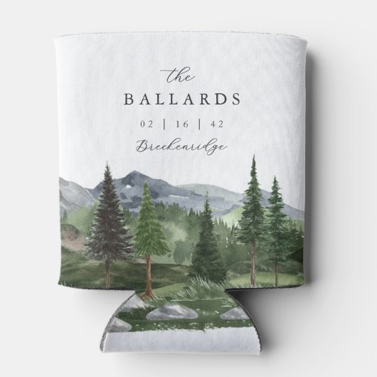 Timberline | Watercolor Mountain Wedding Favor Blikjeskoeler (Achterkant)