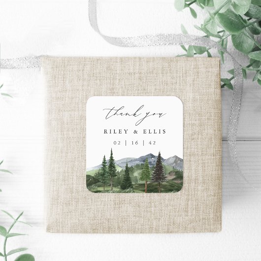 Timberline | Watercolor Mountain Wedding Thank You Vierkante Sticker